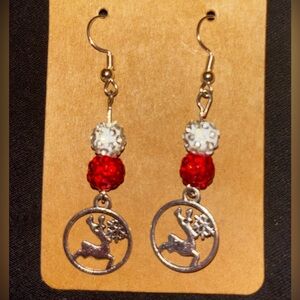 Elegant Red and White Beaded Earrings with reindeer charm